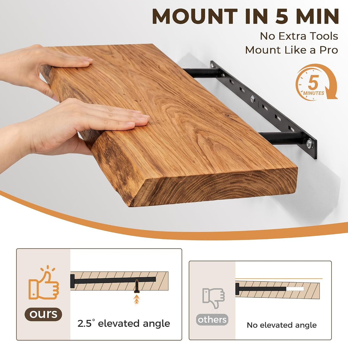 Live Edge Elm Floating Shelves - 24 In Rustic Solid Wood Shelves with Heavy-Duty Invisible Bracket, Wall-Mounted Wooden Shelf for Living Room, Bathroom, Kitchen Storage & Display, Set of 2, Natural