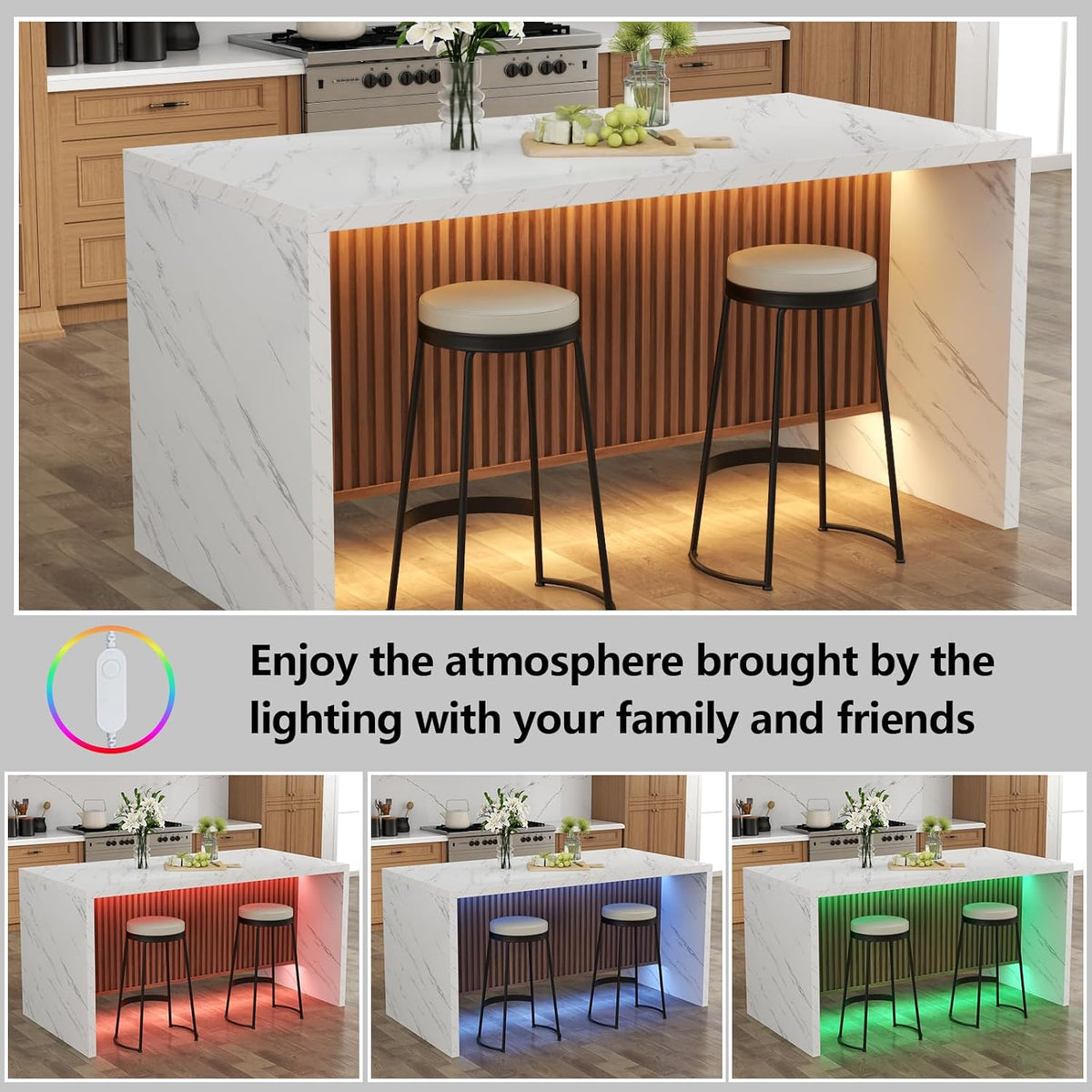 63" Large Imitation Marble Dining Table for 4-6 People, with LED Lights