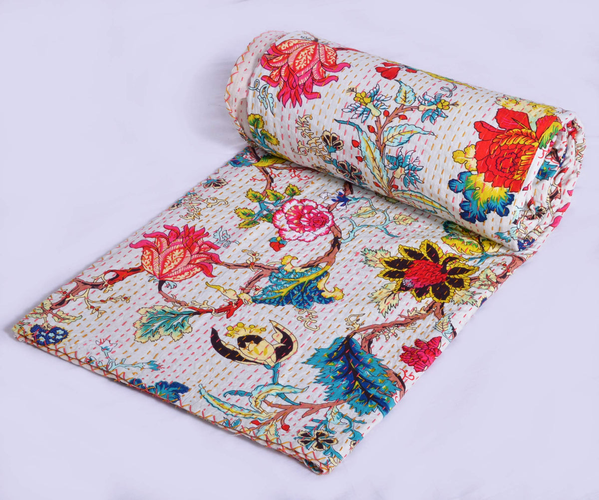 YUVANCRAFTS Indian Hand Block Print Kantha Quilt Queen Size Bedspread Blanket Cotton Bed Cover Vintage Boho Floral Print (Queen 90 X 108 Inch, White 3)