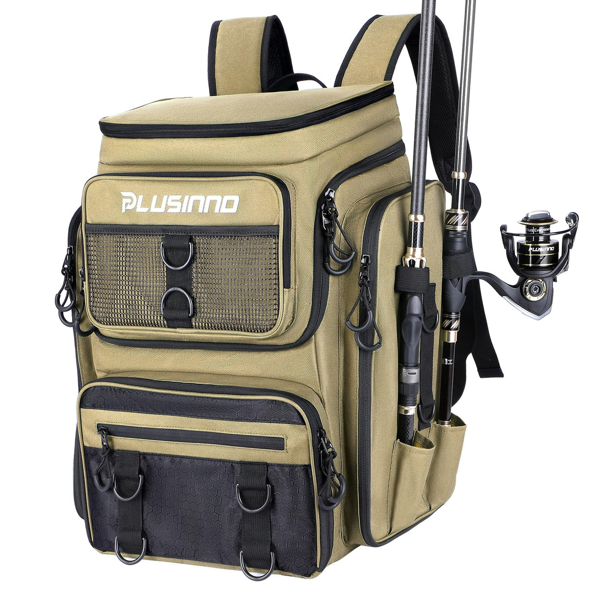 PLUSINNO Fishing Backpack with Fishing Net,42L Waterproof tackle Backpack with Tackle Boxes,Fishing Gear,Lures,Tools,Pliers & Accessories, Fishing Gifts for Men
