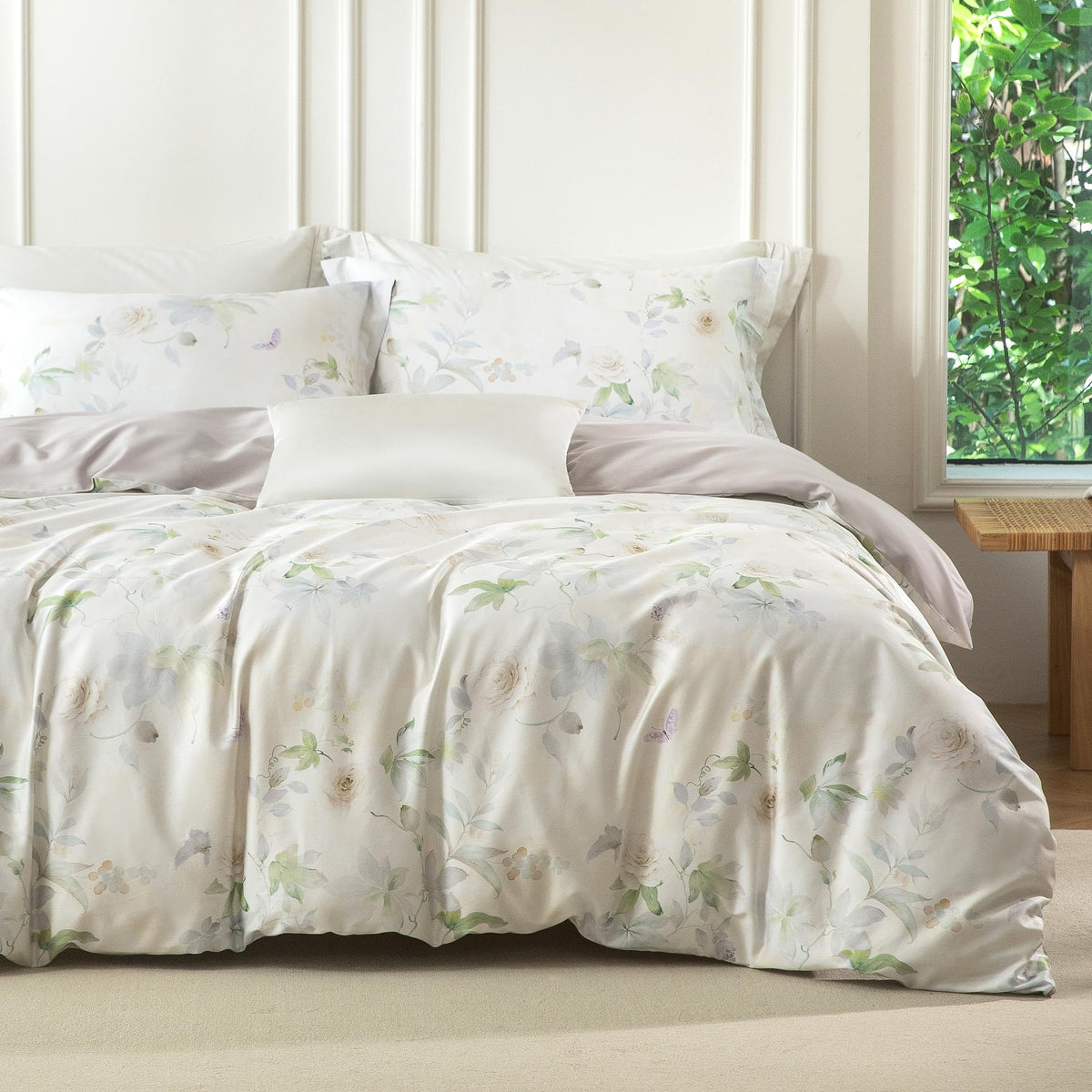 MILDLY White Floral Green Leaves Luxury Duvet Cover Set 3pcs King