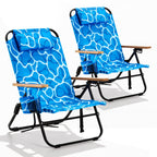 2 Pack Premium 5-Position Reclining Camping Chair - Portable Folding Lightweight Outdoor Chair with Wooden Armrests, Headrest & Pockets, 350lbs Heavy Duty for Beach, Patio, Backyard, Black