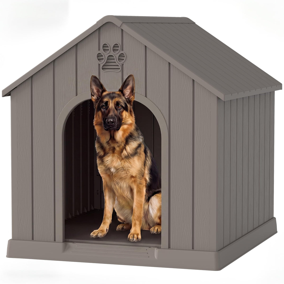 Fancyango Large Dog House Outdoor Indoor for Medium Large Dogs, Sturdy Plastic Waterproof Doghouse with Air Vents and Elevated Floor, Easy Clean and Assemble (Grey, 36.2''L×38''W×38''H)