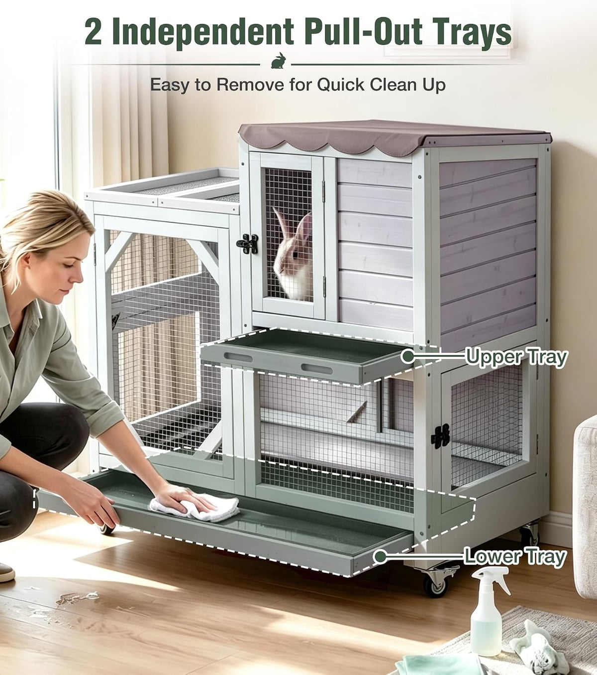 GUTINNEEN Wooden Duplex Rabbit Cage on Wheels with Chew-Proof Ramp, Grey