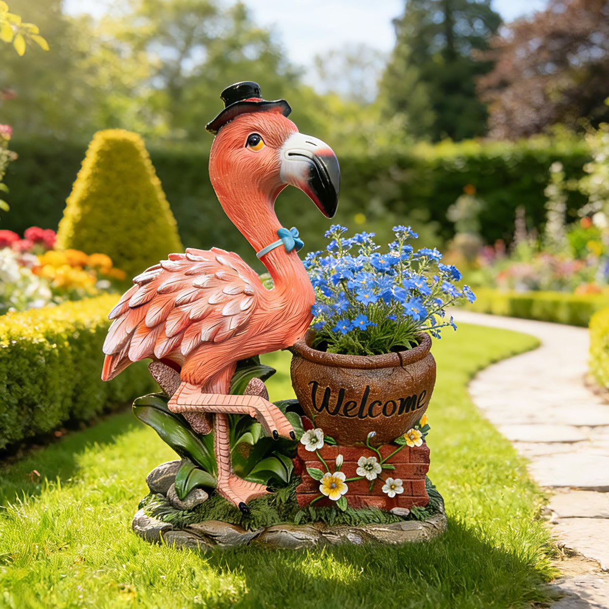 26" Outdoor Garden Sculpture Flamingo Flower Pot Planter with Solar LED Lights, Cute Resin Succulent Pot for Garden, Porch & Home Decor (Pink+Right)
