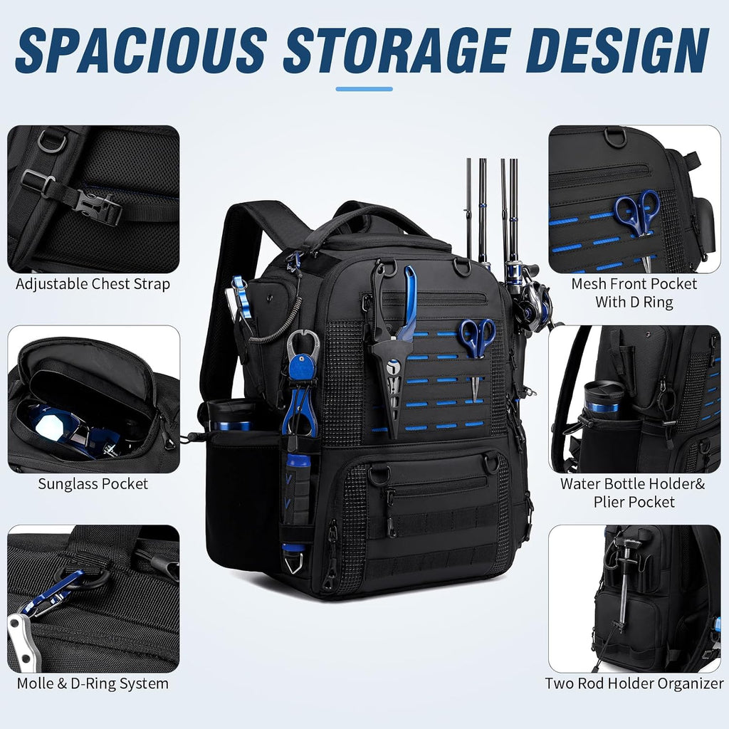 Fishing Backpack, Multi-pocket Tackle Backpack with 2 Rod Holders