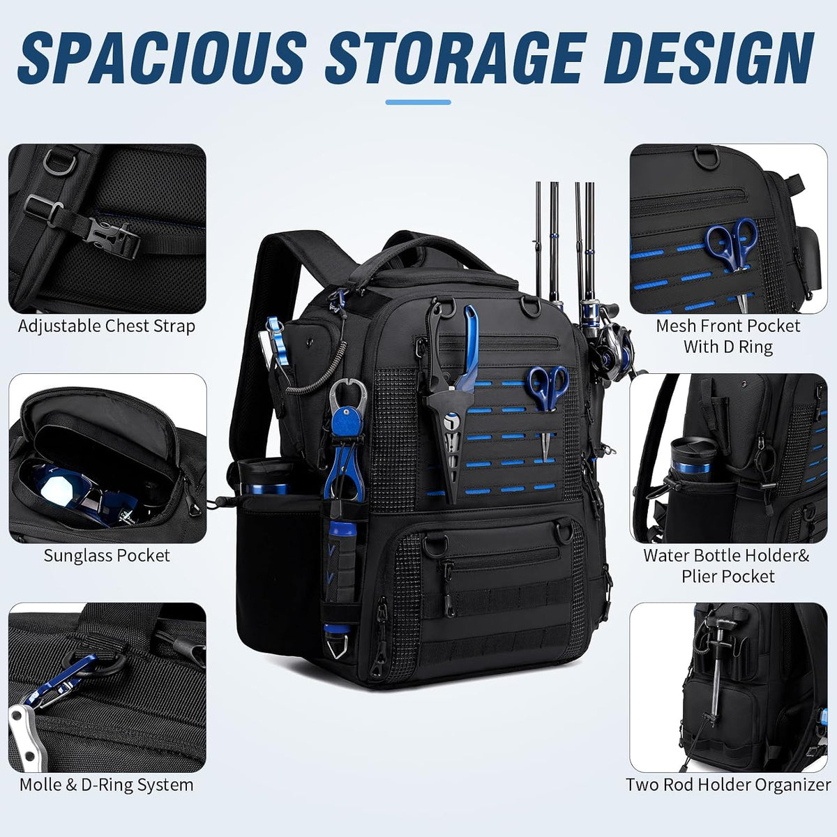 Fishing Backpack, Multi-pocket Tackle Backpack with 2 Rod Holders
