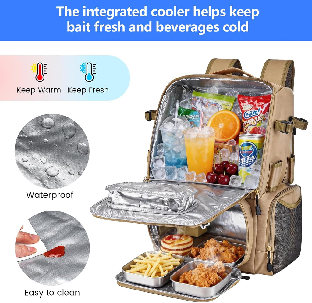 29L Multi-Compartment Fishing Tackle Backpack with 4 Rod Holder, Integrated Cooler and Rain Cover