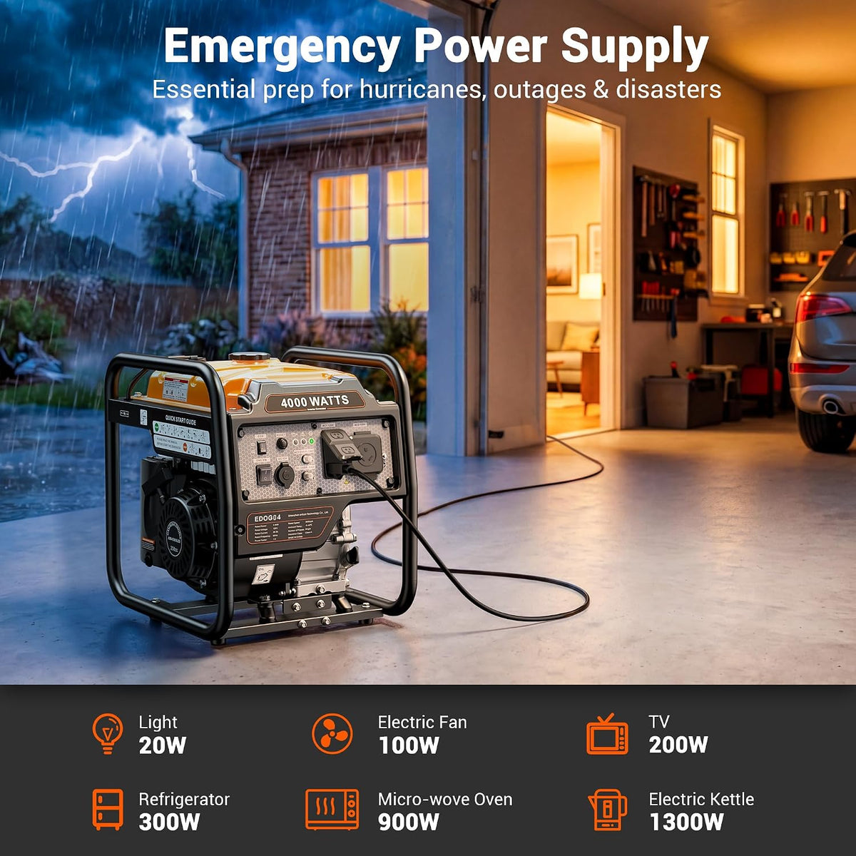 4400 Watts Open Frame Inverter Generator, Gas Powered Portable Generator for Home Backup, RV Ready 30A Outlet, ECO Mode, Quiet Operation, Low Oil Shutoff, Emergency Power, EPA Compliant