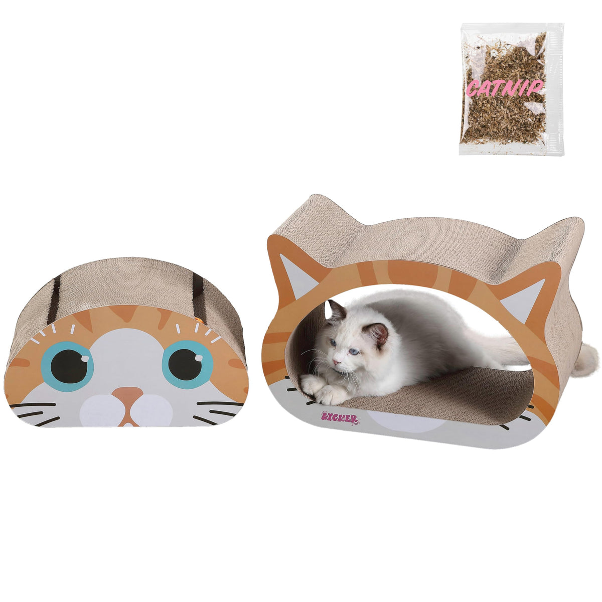 CSR1000B Opal 19" Modern Cardboard Happy Cat Head 2-in-1 Cat Cave Scratcher with Built-in Bell Toys and Catnip, Cream/Peach