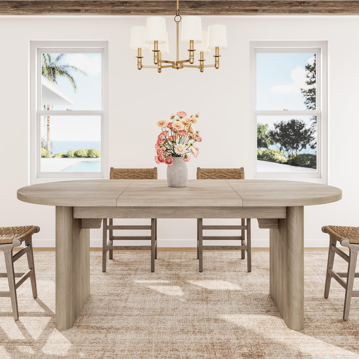 GarveeHome 63" Long Oval Dining Table with Wooden Base for 4-6 People