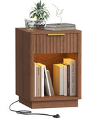 Akxomel Fluted Nightstand Set 2 Bedside Table with Charging Station Oak