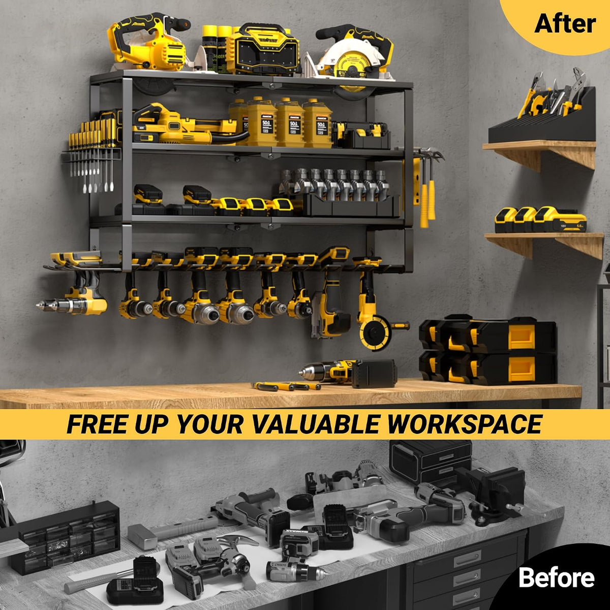 YYR Large Power Tool Organizer Wall Mount, Heavy Duty Metal Cordless Drill Storage Rack with Battery Charging Station Shelf, Utility Racks for Garage Organization, 4 Layer 10 Drills Holder Extra Tall