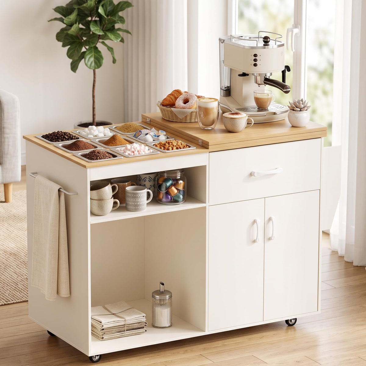 Charcuterie Cart with 12 Stainless Steel Food Pans,Rolling Kitchen Island/Dessert Cart with 4 Storage Compartments and 4 Rubber Swivel Wheels Mobile Pizza Topping & Salad Station for Party & Catering