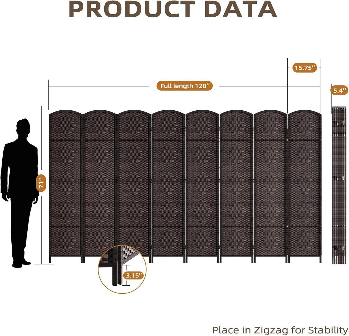 HALLYBEE Room Divider Panel,8 Panel Partition Room Dividers, Dark Mocha