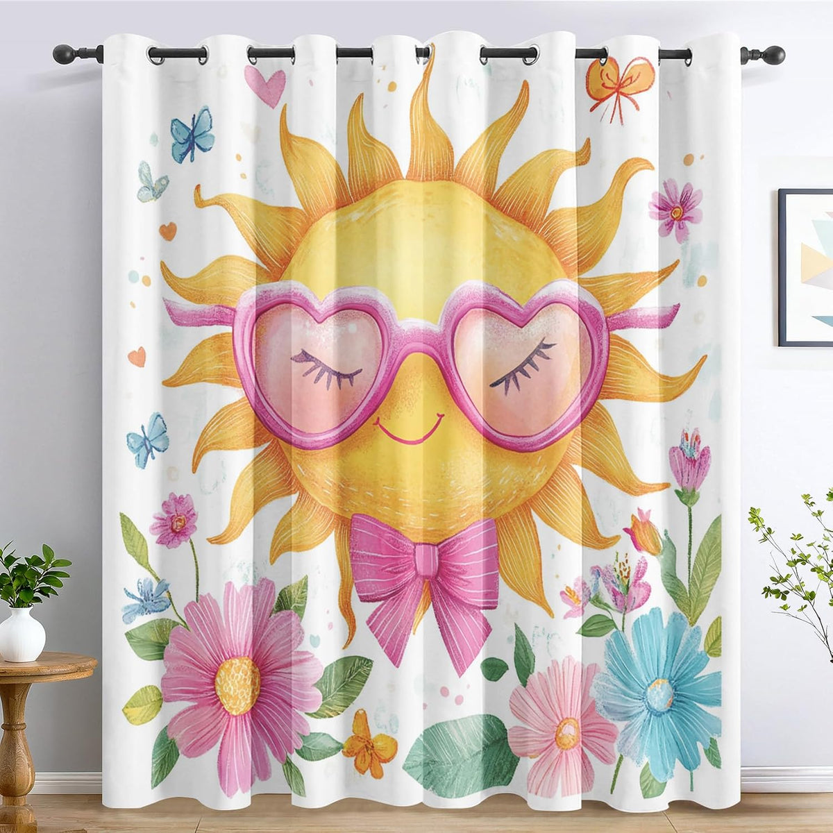 Cute Sun Curtains Blackout for Living Room Bedroom, Colorful Floral Butterfly Curtains 108 Inch Length 2 Panels Set, Thermal Insulated Grommet Drapes - Girly Kawaii Home Decor Q3K-X16