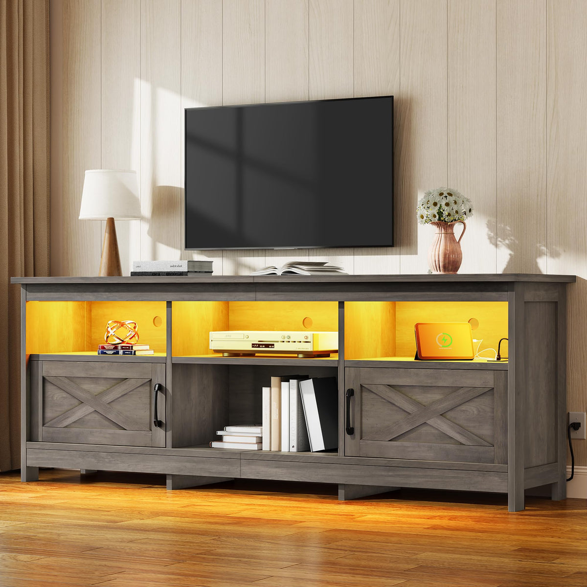 YITAHOME 59" TV Stand with Power Outlet & LED Light for 65 Inch TVs, Black