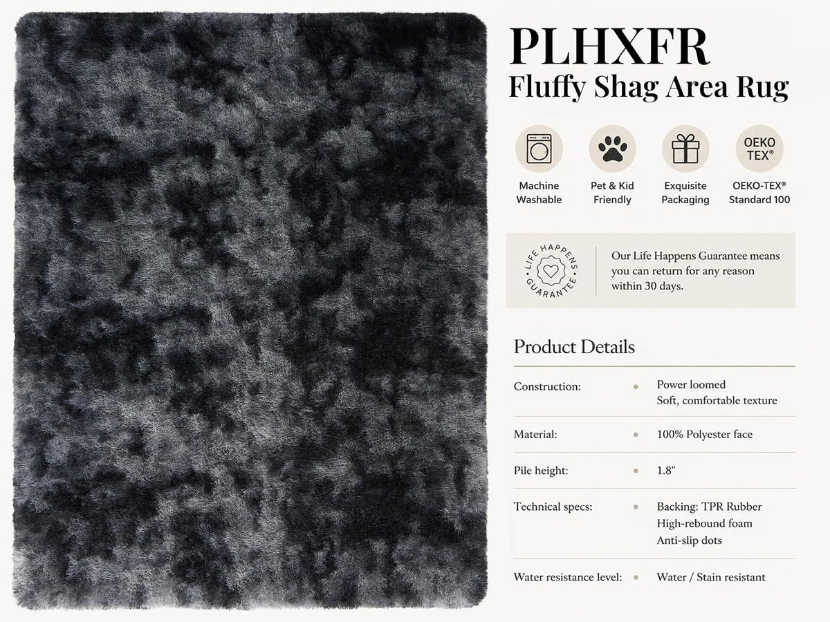 PLHXFR 9x12 Area Rugs Living Room: Fluffy Bedroom Soft Shag Rug Black Grey