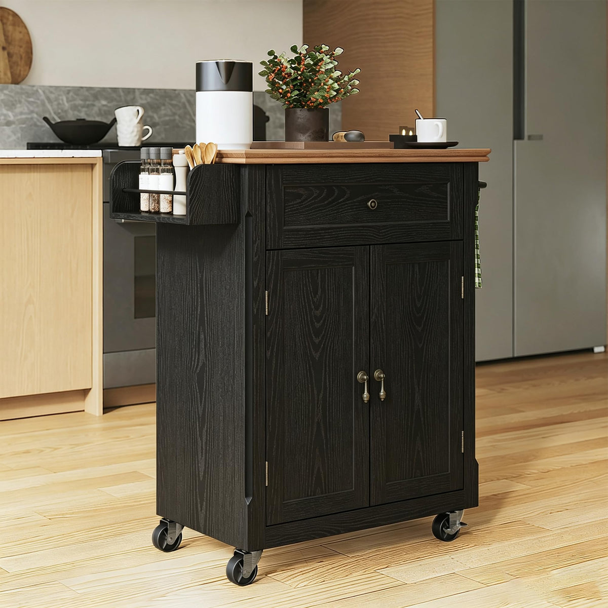 HLR 26'' Small Kitchen Island, Vintage Wood Kitchen Cart on Wheels, Green
