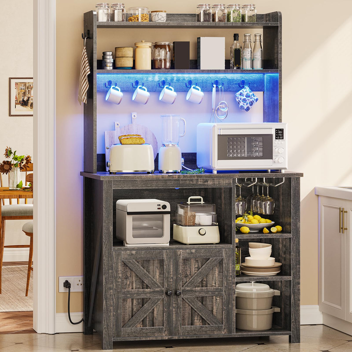 Itaar 35.4 inch Bakers Rack with Power Outlet and Storage, Farmhouse Coffee Bar Cabinet, Microwave Stand Kitchen Cabinet with Hutch, LED Lights, Wine Glass Holder and 8 Hooks，White