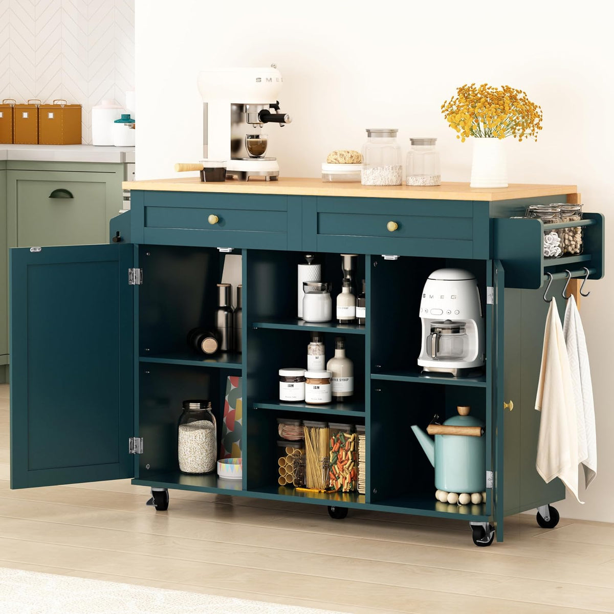 HLR Farmhouse Kitchen Island On Wheels, Teal Green