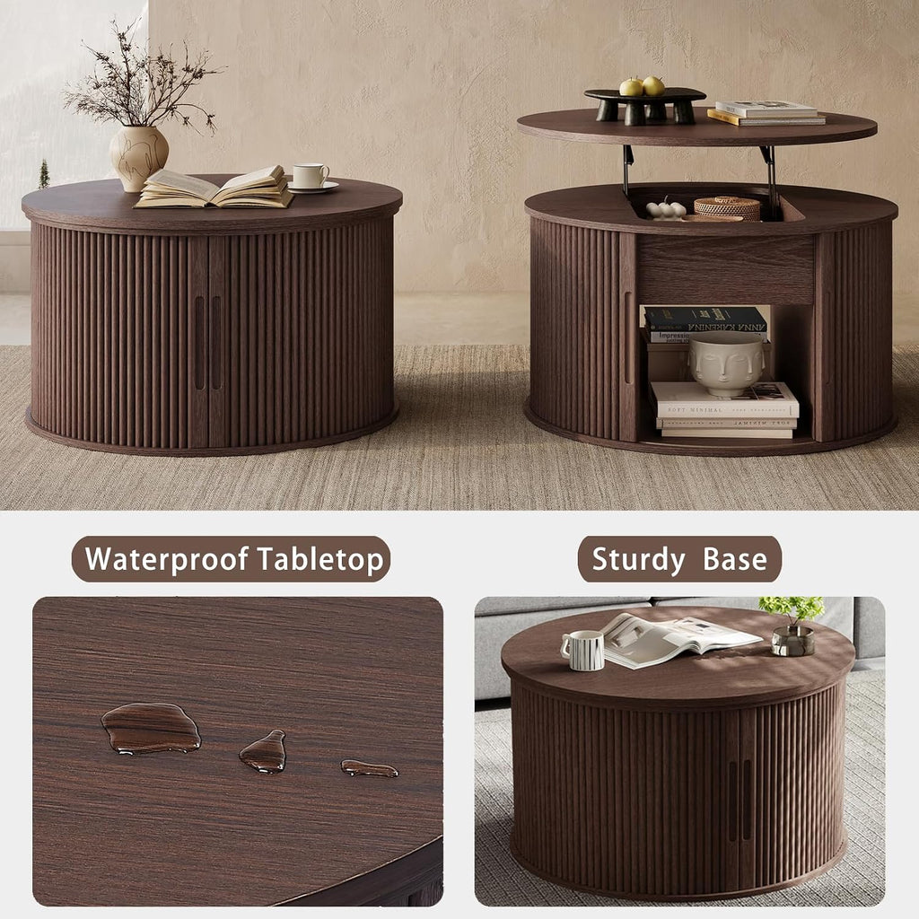 LINSY Lift Top Coffee Table, Round Fluted Coffee Table with Storage, Mid Century Modern Wooden Coffee Tables with Sliding Tambour Door, 31.5" Center Table for Living Room, Office, Small Space, Walnut