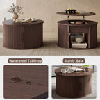LINSY Lift Top Coffee Table, Round Fluted Coffee Table with Storage, Mid Century Modern Wooden Coffee Tables with Sliding Tambour Door, 31.5" Center Table for Living Room, Office, Small Space, Walnut