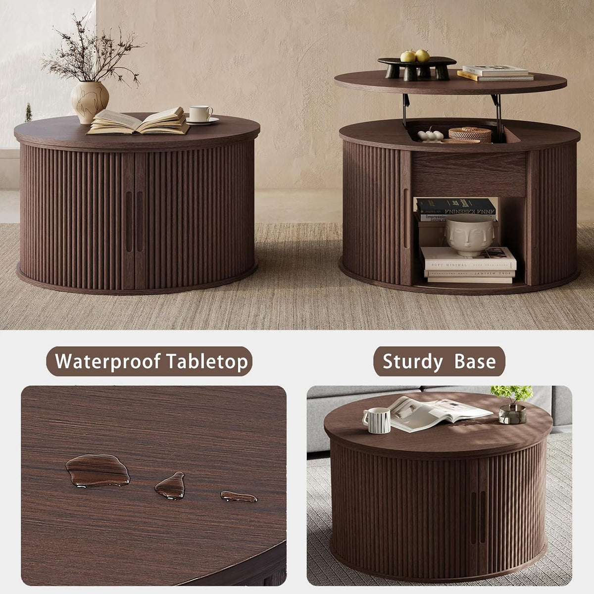 LINSY Lift Top Coffee Table, Round Fluted Coffee Table with Storage, Mid Century Modern Wooden Coffee Tables with Sliding Tambour Door, 31.5" Center Table for Living Room, Office, Small Space, Walnut