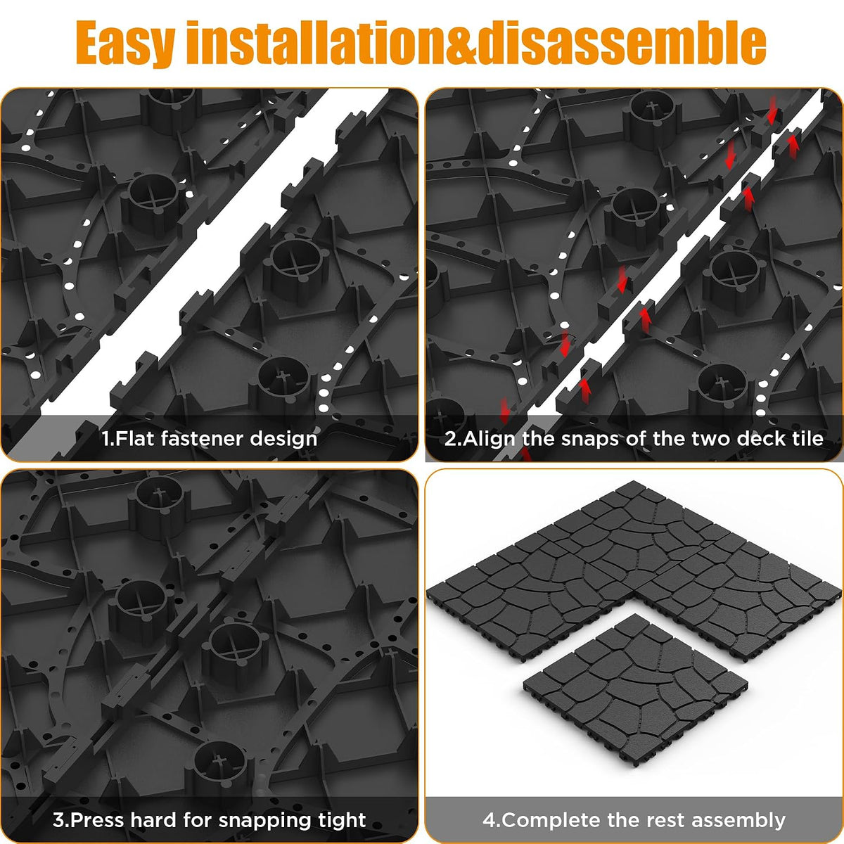12" Patio Deck Tile, Patio Flooring, 44 Packs Deck Tiles Interlocking Outdoor All Weather, Flooring Tiles for Balcony, Backyard Pool decking Tiles, Easy Installation, Dark Gray - Stone Texture