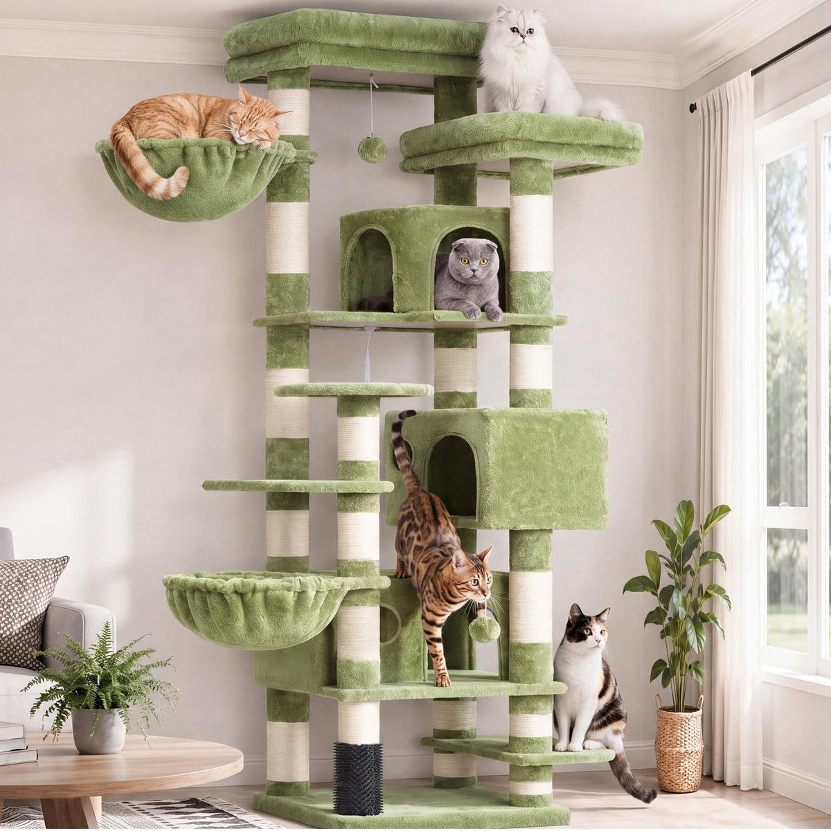 Hey-brother Cat Tree, Multi-Level Tower with 3 Condos, Hairbrush, MPJ035-MG