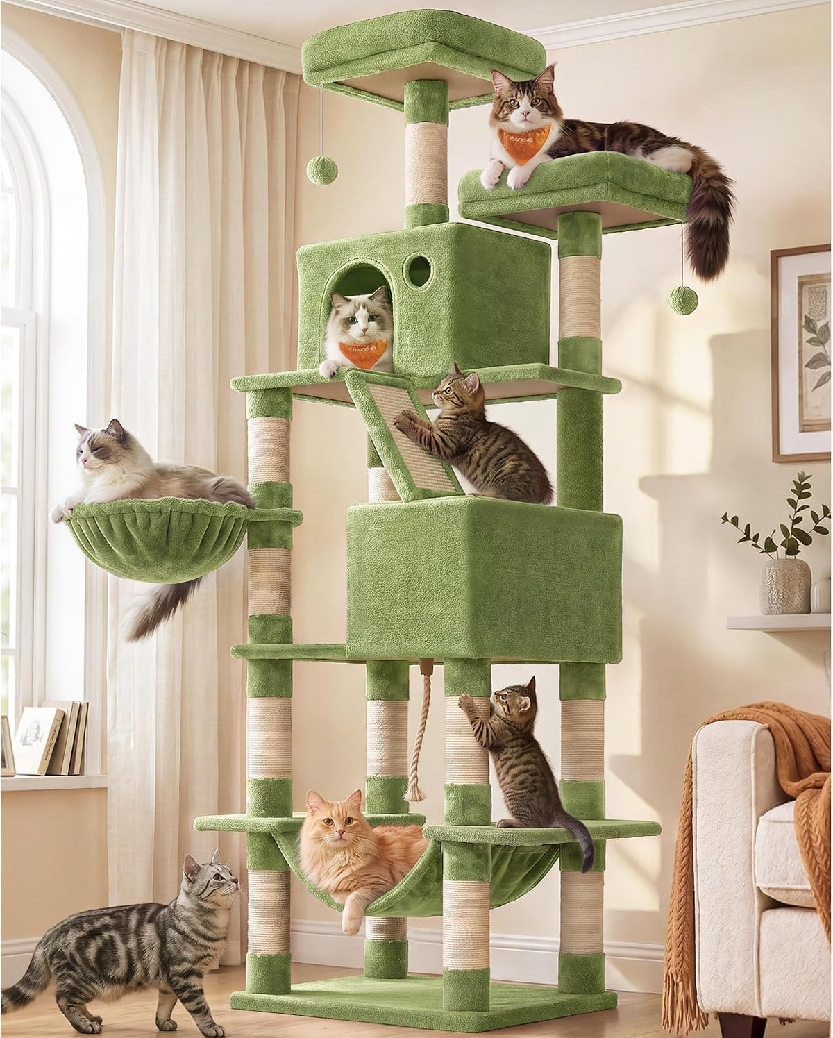 Feandrea Cat Tree, 81.1-Inch Large Cat Tower, Multi-Level Condo, Green