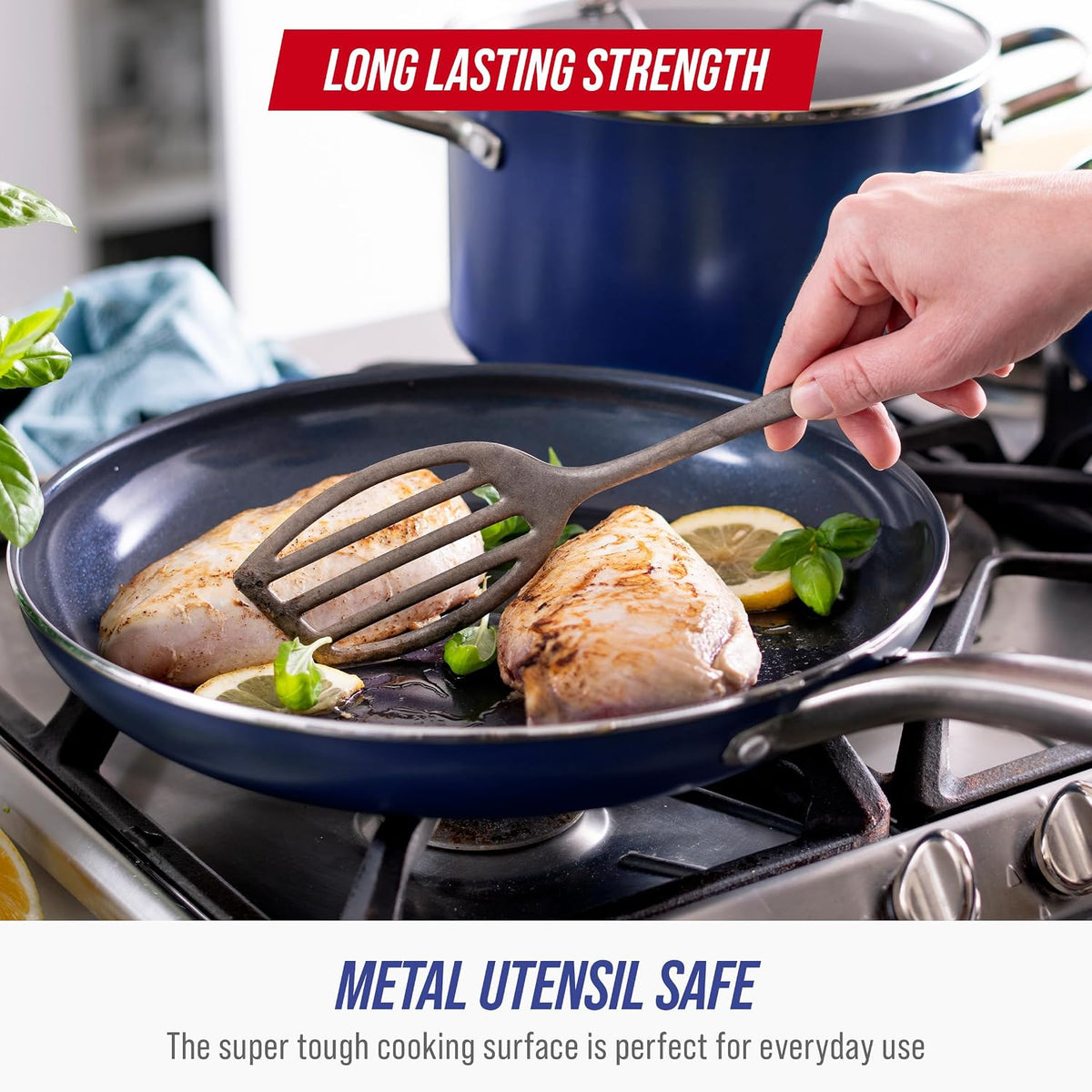 Blue Diamond 9 Piece Nonstick Cookware Set, Diamond Ceramic Pots & Pans, Dishwasher & Metal Utensil Safe, Non Toxic PFAS-Free, Kitchen Cooking Sauce & Saute Pans, Oven & Broiler to 600F, Blue