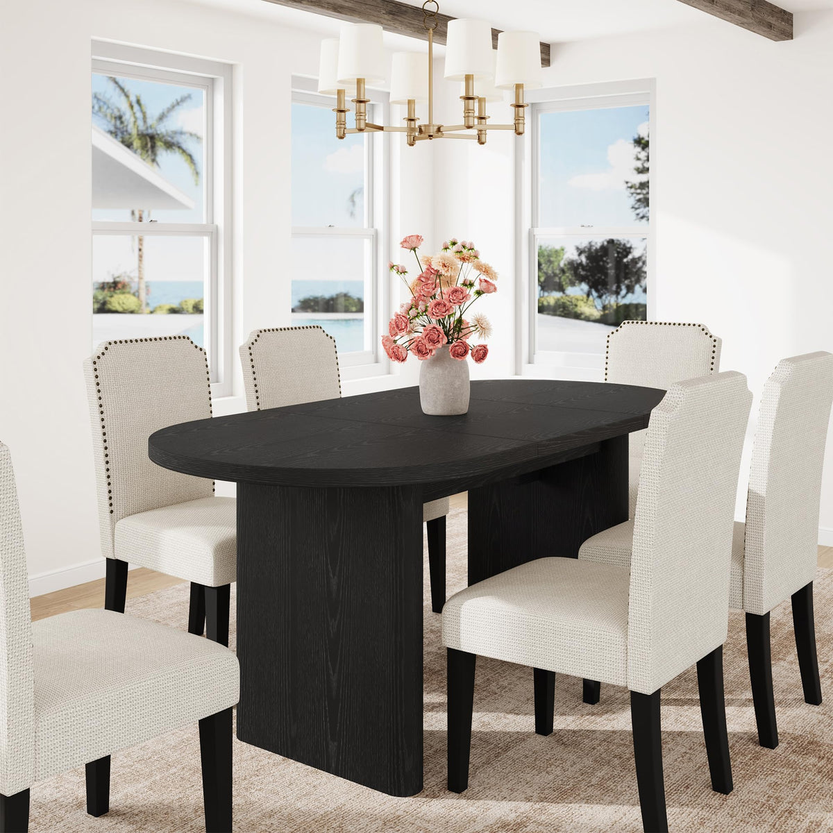 GarveeHome 63" Long Oval Dining Table with Wooden Base for 4-6 People
