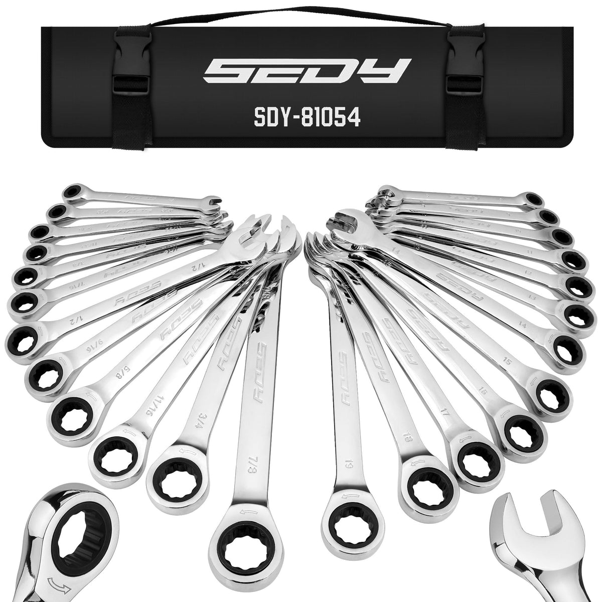 Premium 24-Piece Flex-Head Ratcheting Wrench Set, Metric(8–19mm)& SAE(1/4-7/8") Combination Wrenches, 72-Tooth CR-V Steel with Durable Black Finish, Ratchet Spanners with Roll-Up Tool Pouch for Repair