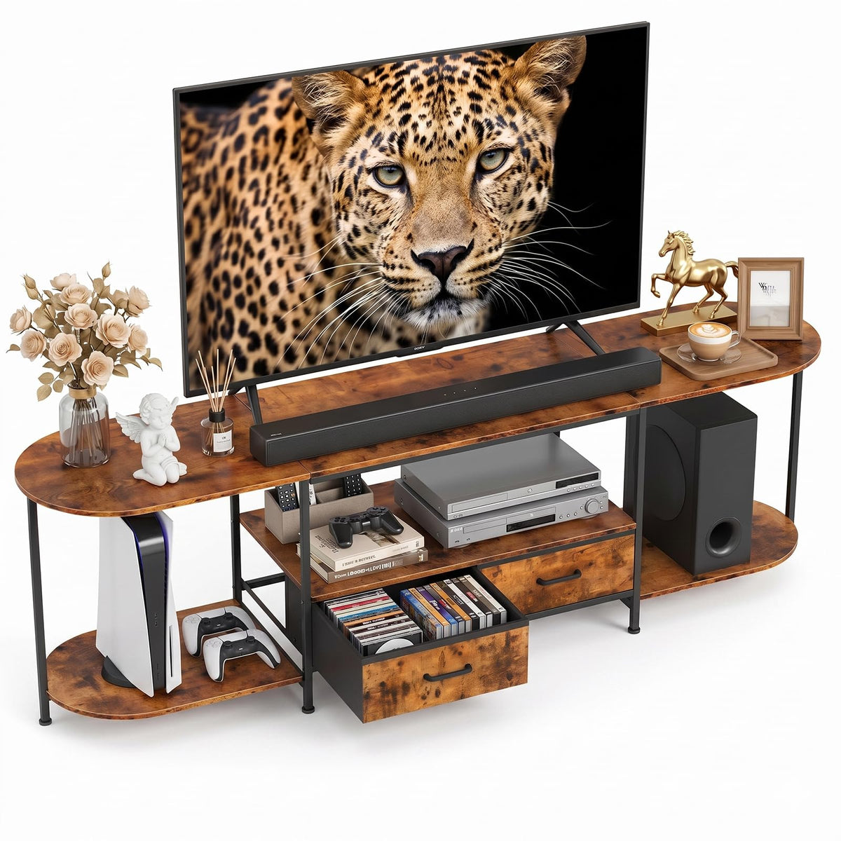 Faesun 63" TV Stand for TVs up to 75 Inches, Curved Edge Media Console & Entertainment Center with 2 Fabric Drawers, Modern TV Console Table for Living Room or Bedroom, Rustic Brown
