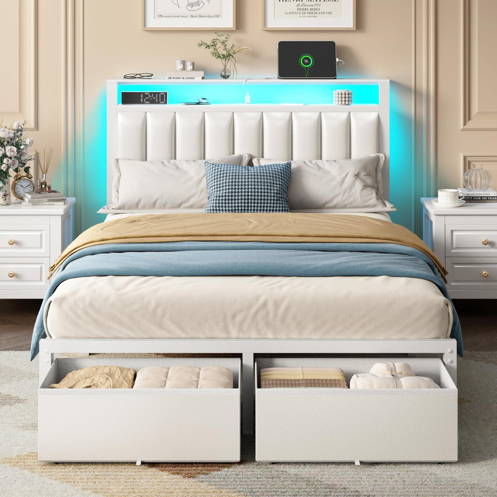 Furnulem Queen Bed Frame with Storage Drawers and Upholstered Headboard