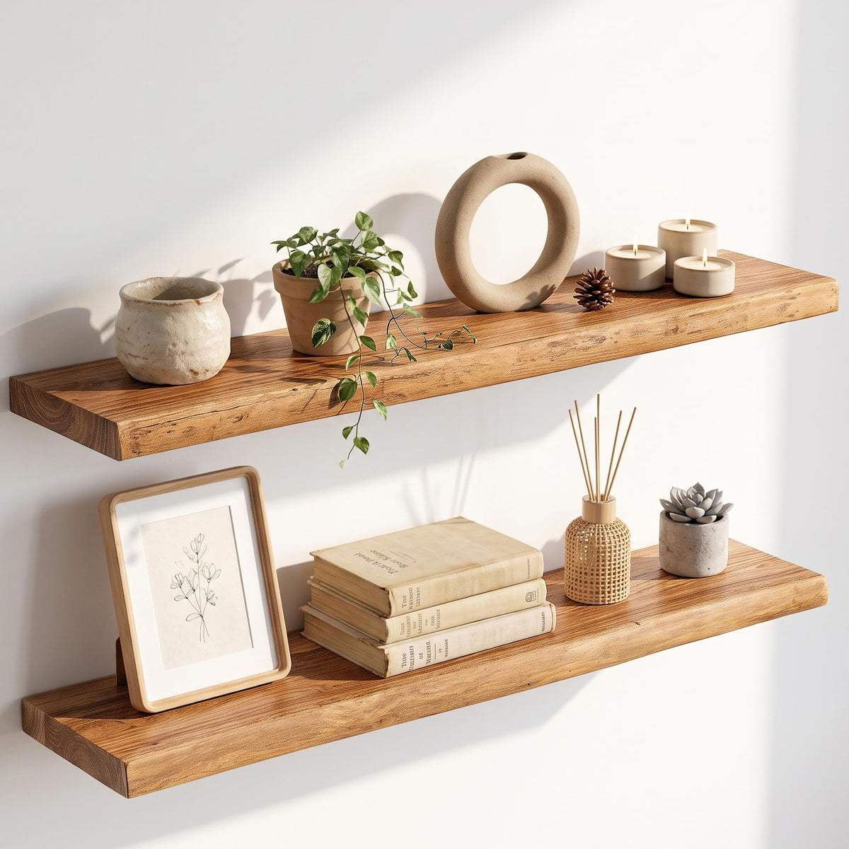 Live Edge Elm Floating Shelves - 24 In Rustic Solid Wood Shelves with Heavy-Duty Invisible Bracket, Wall-Mounted Wooden Shelf for Living Room, Bathroom, Kitchen Storage & Display, Set of 2, Natural