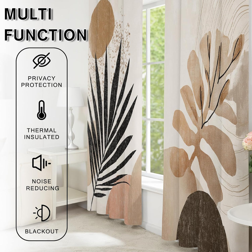 Boho Mid Century Blackout Curtains, Thermal Insulated Room Darkening Grommet Drapes for Bedroom Living Room, Modern Abstract Leaf Geometric Window Treatments, 108 Inch Drapes 2 Panel Set
