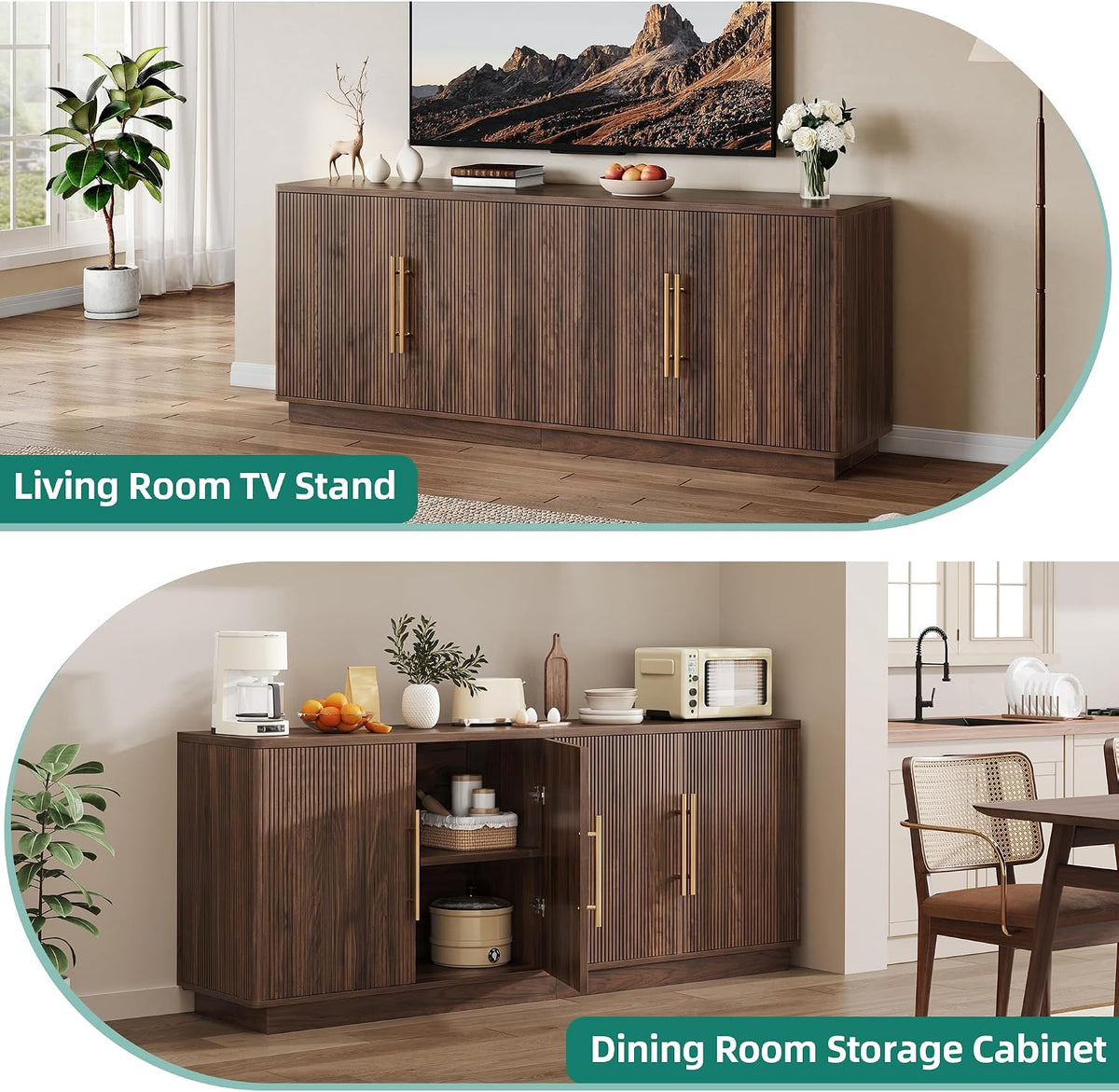 YITAHOME 70" TV Stand for up to 80" TVs with 4 Fluted Doors, Natural Oak