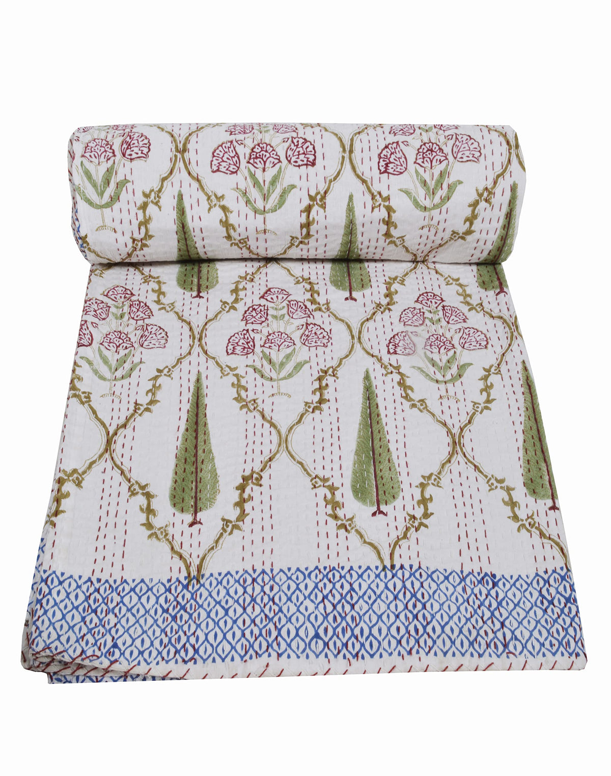 YUVANCRAFTS Indian Hand Block Print Kantha Quilt Queen Size Bedspread Blanket Cotton Bed Cover Vintage Boho Floral Print (Queen 90 X 108 Inch, White 3)