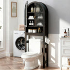 HMstone Over The Toilet Storage Cabinet, Arched Bathroom Organizer and Storage with Rattan Doors and Adjustable Shelf, Space-Saving Freestanding Bathroom Modern Storage Cabinet Over Toilet (Natural)