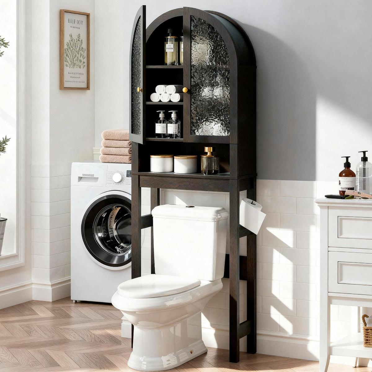 HMstone Over The Toilet Storage Cabinet, Arched Bathroom Organizer and Storage with Acrylic Doors and Adjustable Shelf, Space-Saving Freestanding Bathroom Modern Storage Cabinet Over Toilet, White