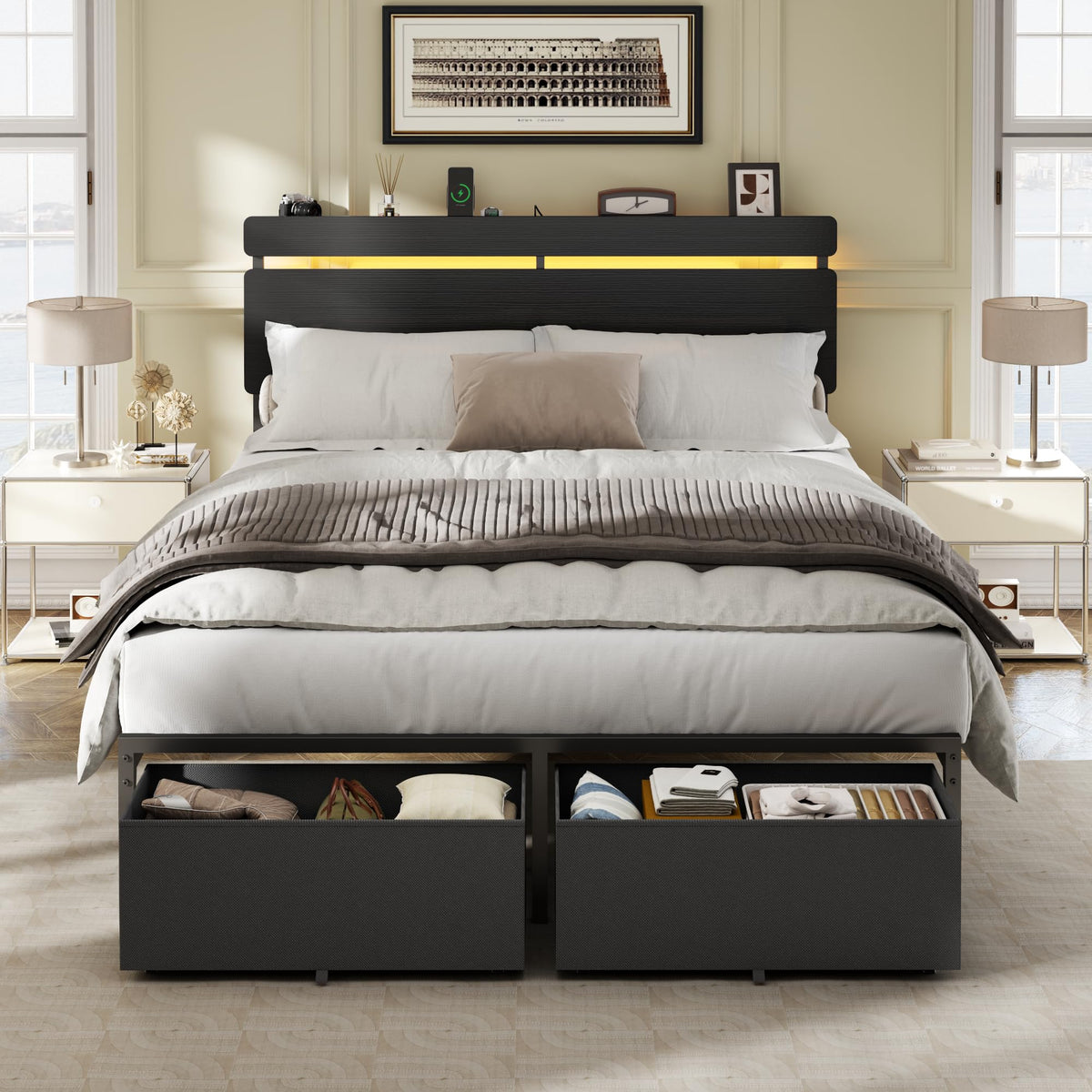 Forestell Queen Bed Frame with Wood Headboard,2 Storage Drawers & Shelf