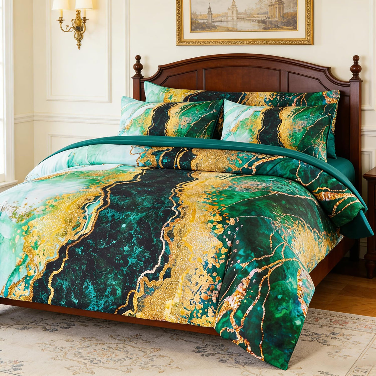 PERFEMET 6 Piece Teal King Size Comforter Set Watercolor Marble Bedding Set
