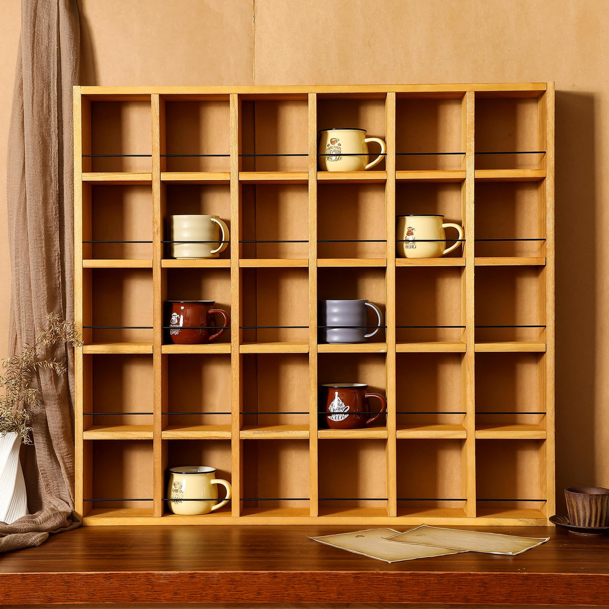 Kigley Oversize Coffee Mug Display Rack Wooden Shelves Rustic Shot Glass Display Case Travel Mug Shelf Wall Mounted Rack Holder Shadow Box(5 x 6,Dark Brown)