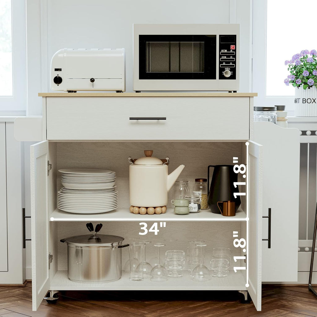 IRONCK Kitchen Island with Storage, Charging Station and Drop Leaf, White