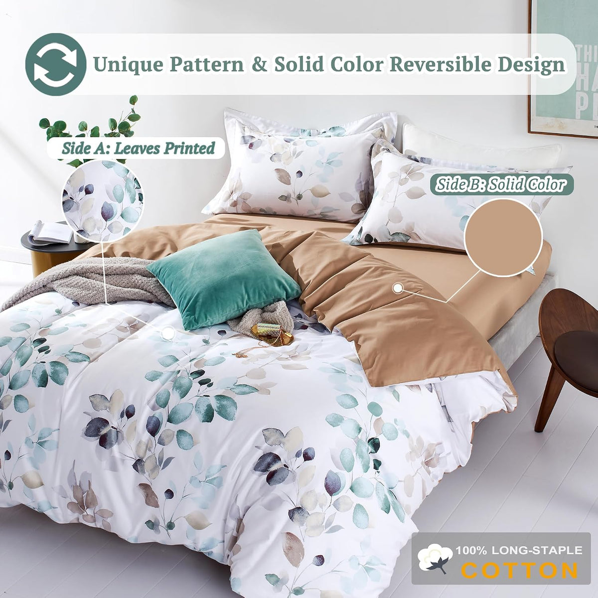MILDLY White Floral Green Leaves Luxury Duvet Cover Set 3pcs King