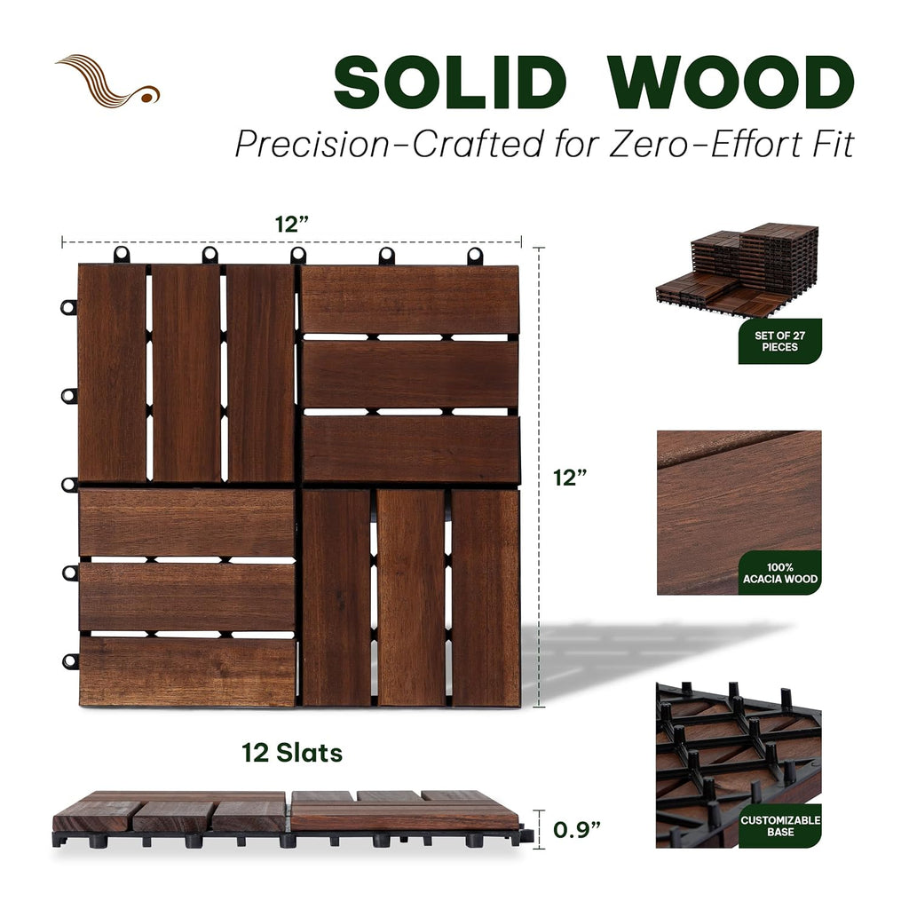 Acacia Interlocking Deck Tiles, 27 PCS Wood Flooring, 12 Slats, Walnut