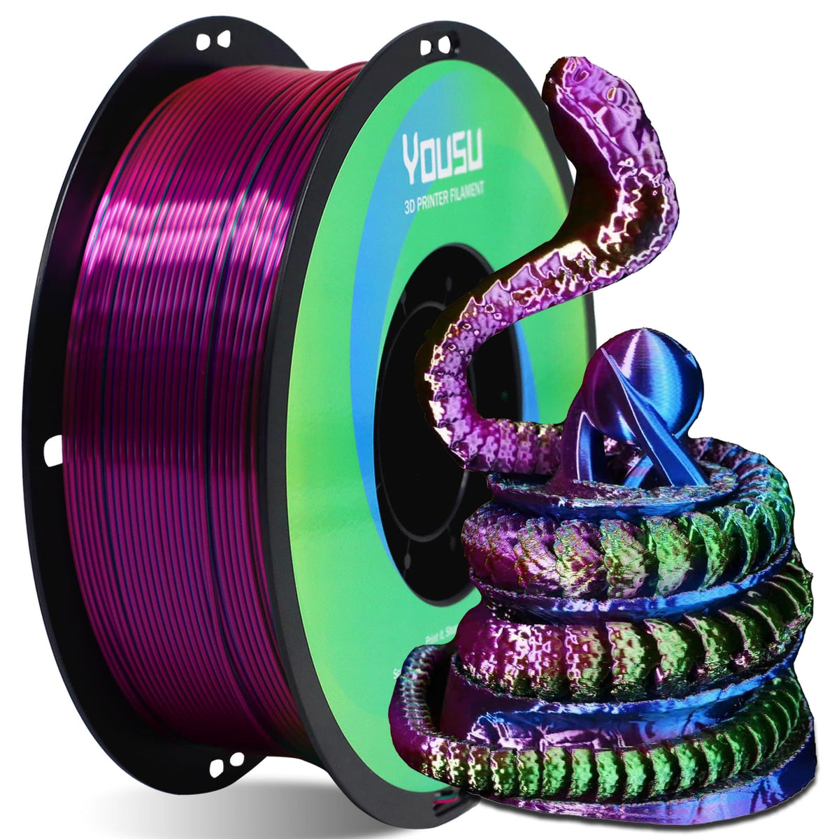 YOUSU 3D Printer Filament Silk PLA Filament Rainbow Color,1.75mm Tri Color PLA Filament 6kg Pack,1kg Spool.