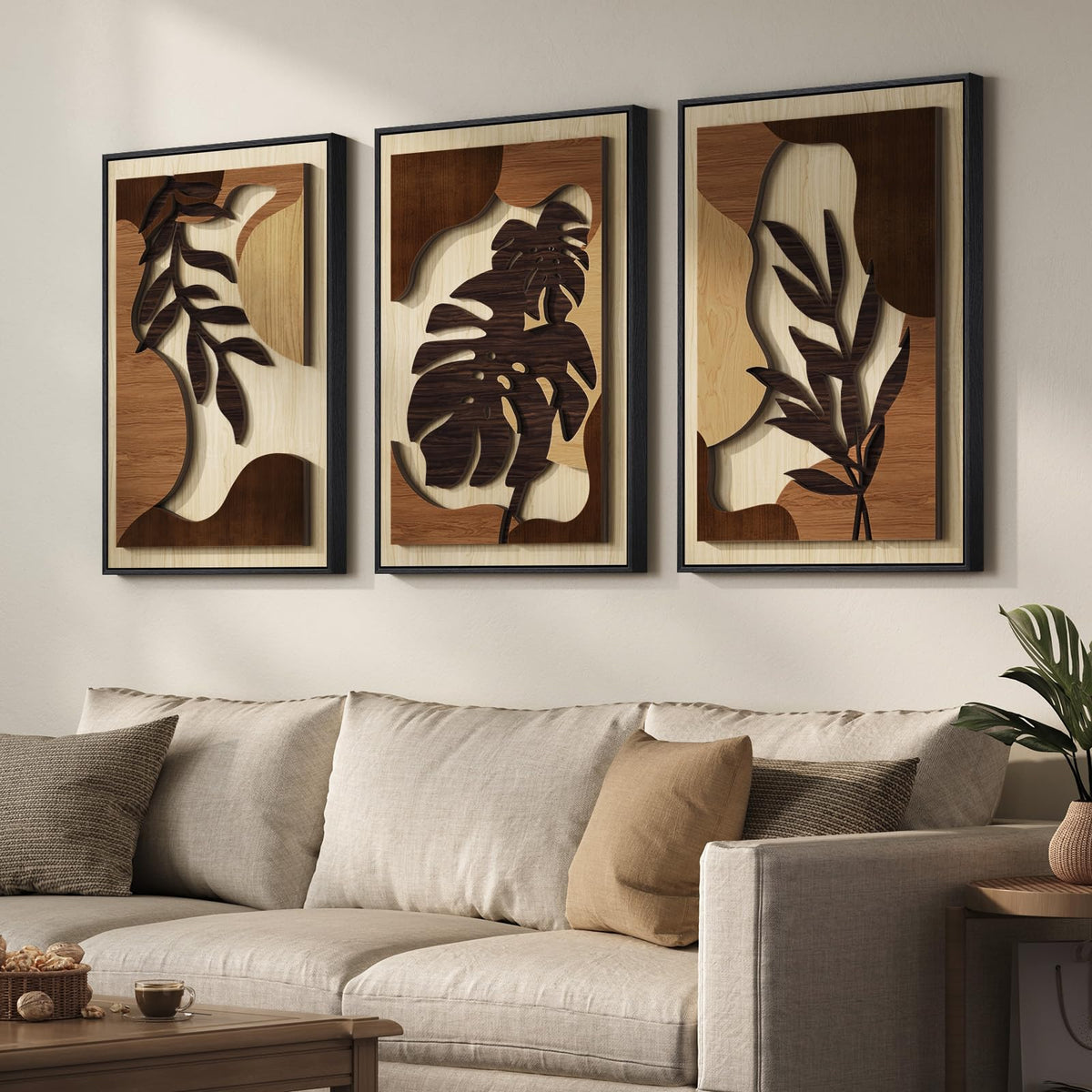 Large Framed 3D Wood Boho Tropical Wall Decor for Living Room, 24x36 Inch